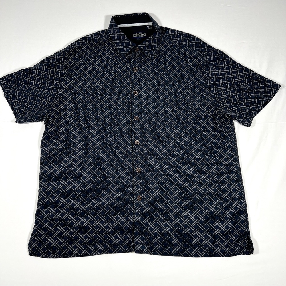 Nat Nast Shirt Mens Large Blue Camp Casual Bowling Silk Blend Geometric